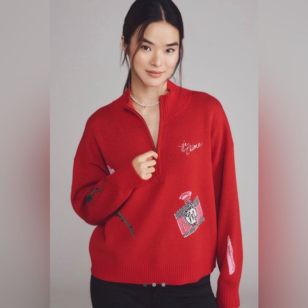 NWT Anthropologie_Maeve Montana Mock neck Half-Zip Sweater with Embroidery